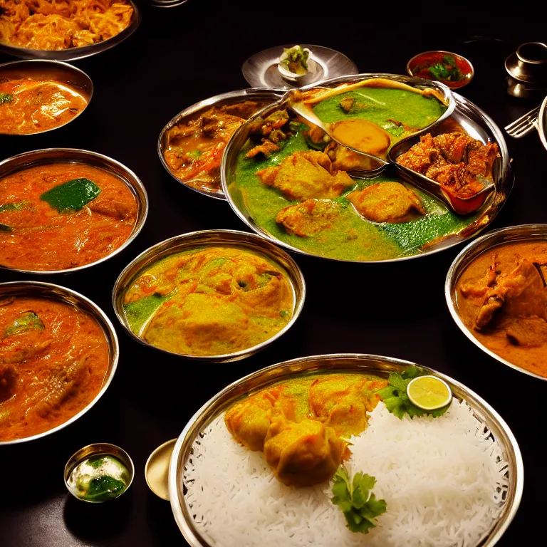 Prompt: close - up focused dslr photograph of an bangladeshi dinner, 8 k, high detail, volumetric lighting, hyperrealism, aesthetically pleasing, studio lighting, trending