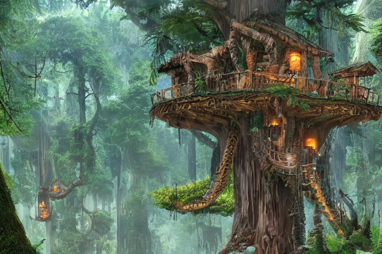 Image similar to various treehouses mounted on giant redwood tree trunks, interconnected by rope bridges, fantasy setting, dense vegetation, very detailed, d & d concept art, 4 k