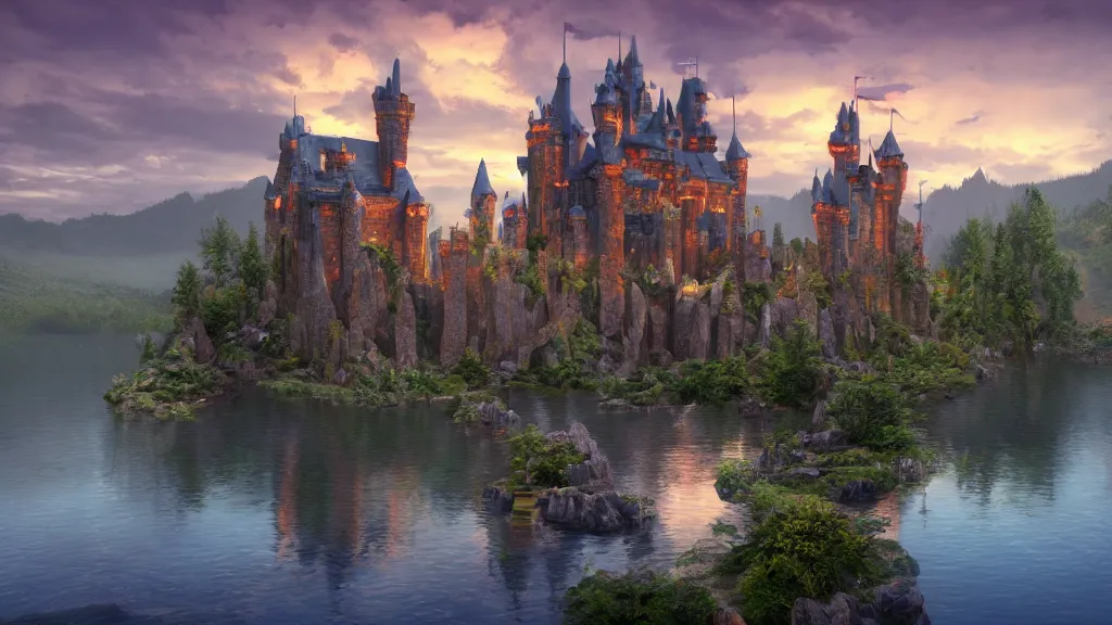 Image similar to fantasy castle with lake in sunset by mark adamus, fantasy artwork, very very very beautiful scenery, hd, hdr, ue5, ue6, unreal engine 5, cinematic 4k wallpaper, 8k, ultra detailed, high resolution, artstation, award winning