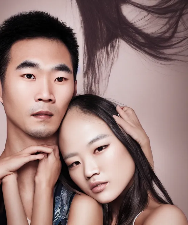 Image similar to portrait of asian man with victoria's secret female white model's head, realistic, 4 k