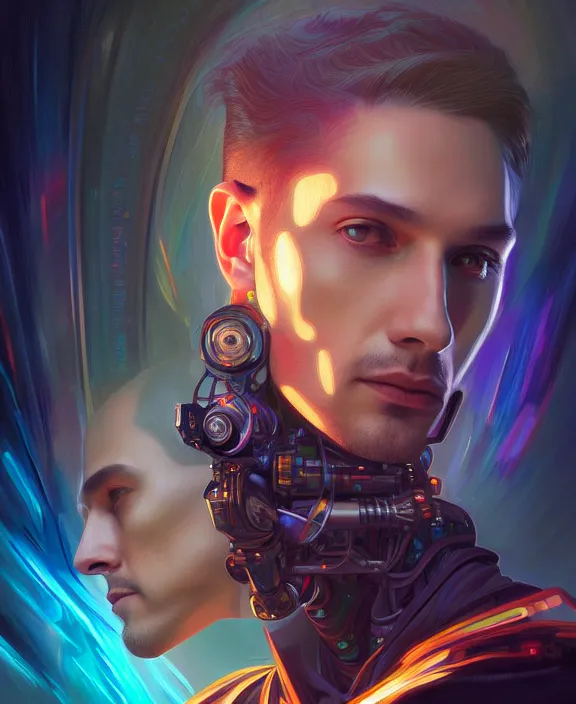 Image similar to a whirlwind inside the metaverse, guy, male, man, hologram, half body, neurochip, android, cyborg, cyberpunk face, by loish, d & d, fantasy, intricate, elegant, highly detailed, colorful, digital painting, artstation, concept art, art by artgerm and greg rutkowski and alphonse mucha