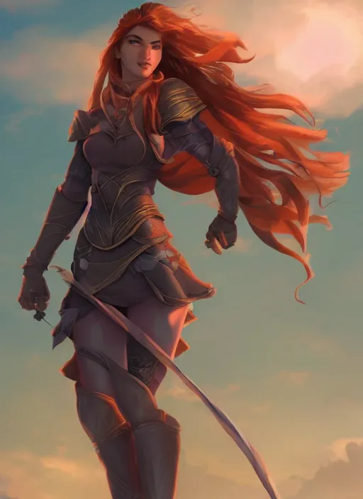 Prompt: fantasy heroine looking heroically at the sky at dusk, profile, in the style of Milica Čeliković and James Daly, artstation, digital art, full body, detailed face, castle in the background