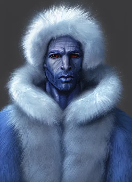 Image similar to portrait of a blue-skinned man wearing a fur coat, illustration, fantasy, Dungeon and Dragon, trending on ArtStation