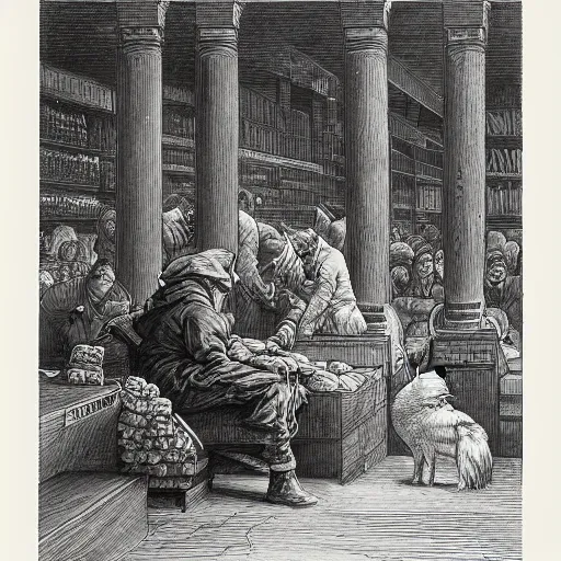 Image similar to wolf works in the supermarket by gustave dore