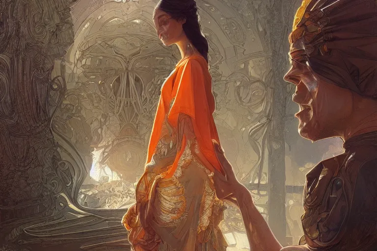 Image similar to portrait of tinfoil hat man in orange t - shirt behind his wife, feelings, romantic, fantasy, intricate, elegant, highly detailed, digital painting, artstation, concept art, smooth, sharp focus, illustration, art by artgerm and greg rutkowski and alphonse mucha