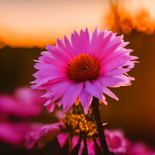 Prompt: closeup photo of a flower at sunset, backlighted, professional photo, nikon d 7 2 0 0, f / 1. 8