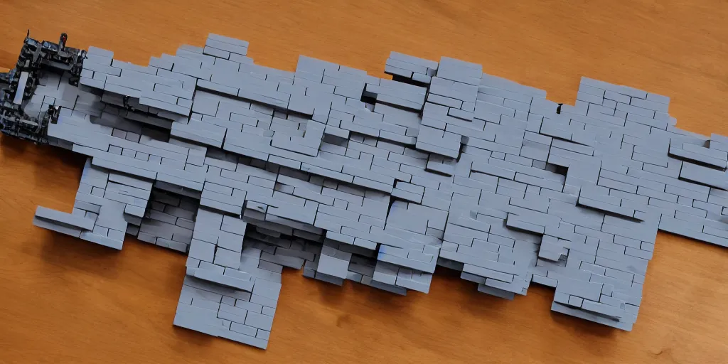 Image similar to gigantic spaceship made with grey legobricks, flying in the galaxy