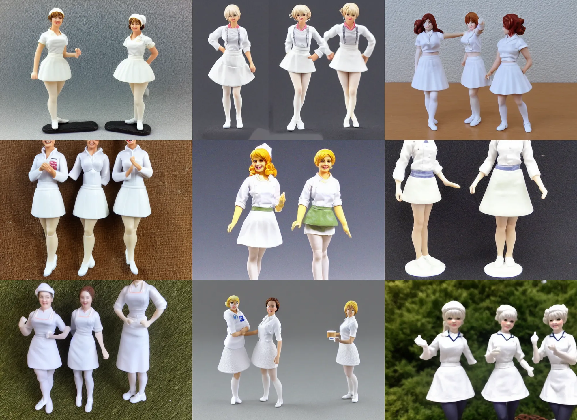 Prompt: 80mm resin detailed miniature of two Waitresses, white blouse, tight mini-skirt, white apron, White tights, smile, on textured base; store website, eBay, Full body;