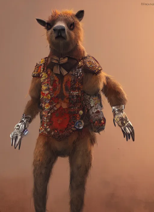 Prompt: detailed full body concept art illustration oil painting of an anthropomorphic capybara cowboy in full intricate clothing, biomutant, ultra detailed, digital art, octane render