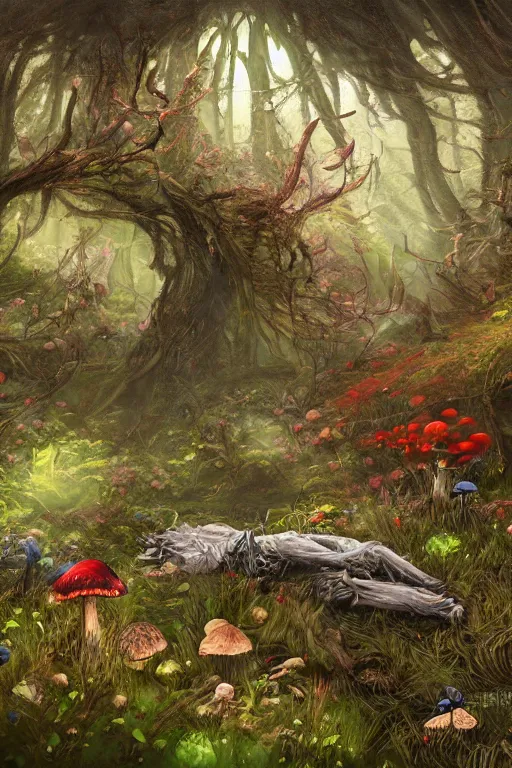 Image similar to corpse decaying on the forest floor, flowers and mushrooms grow from the corpse, god rays, concept art, fantasy, painting