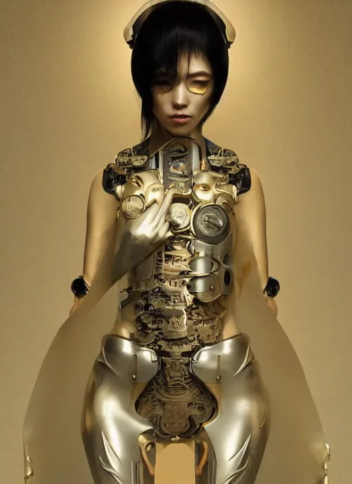 Image similar to portrait of a futuristic geisha cyborg, kintsugi, modern fine art, fractal, intricate, elegant, highly detailed, digital photography, subsurface scattering, by jheronimus bosch and greg rutkowski,