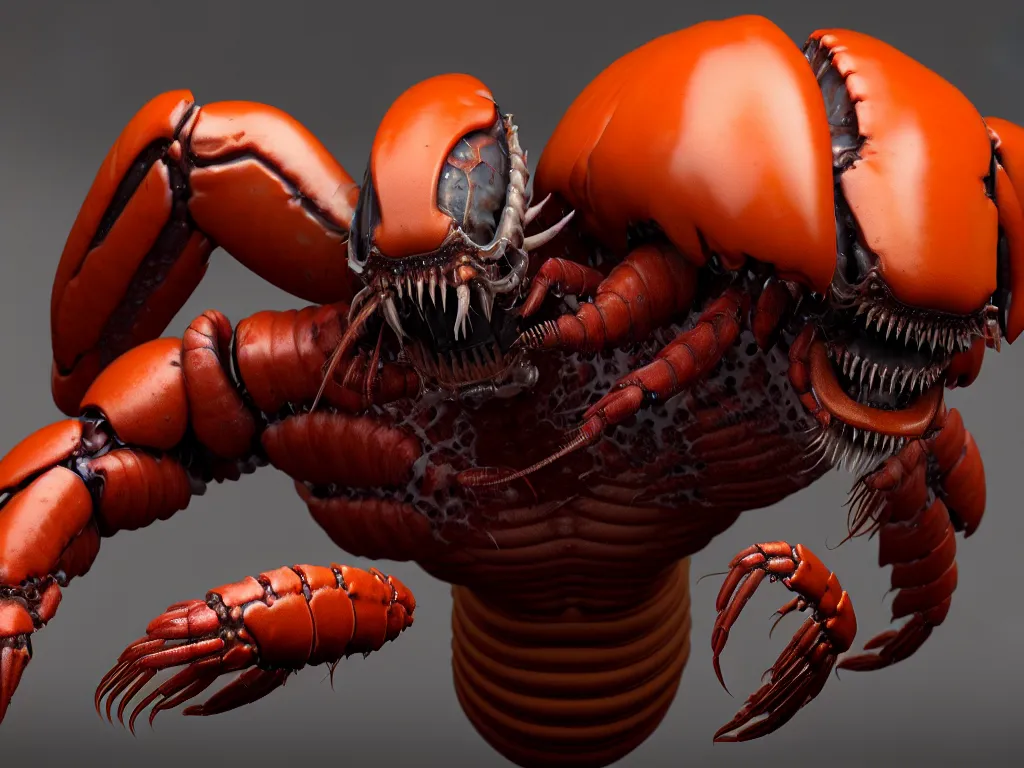 Image similar to doom, crustacean, isopod, muscular body, chiroptera head, chiroptera ears, big sharp teeth, hyperrealism, artstation, cgsociety, zbrush, no background