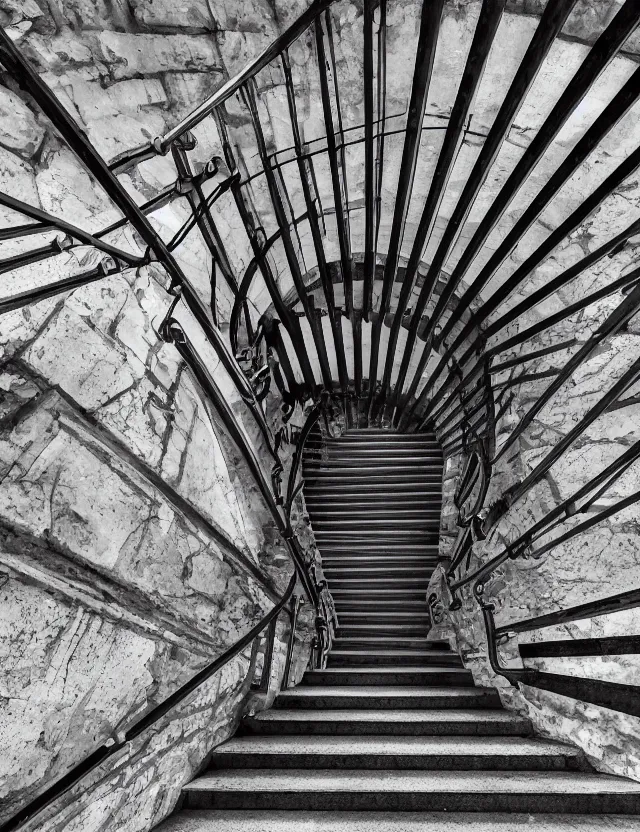 Image similar to looking down a staircase in the style of gothic brutalist architecture hyper detailed photorealistic hd 8 k post - processing high resolution