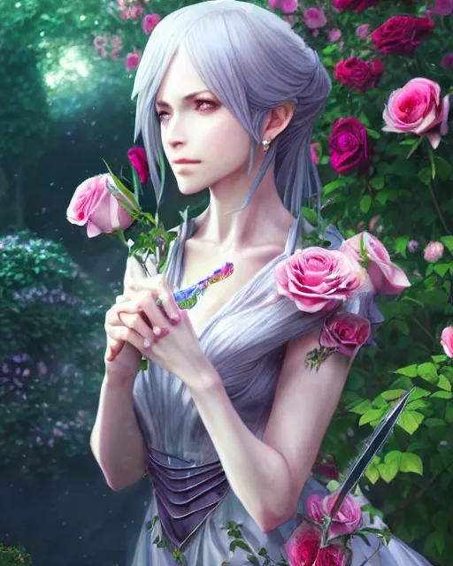 Image similar to an elegant lady surrounded by holographic swords in a garden full of roses, final fantasy, cushart krenz, cushart krenz, goddess, unreal engine, very detailed, realistic face, detailed face, matte, tonemapping, perfection, 4 k