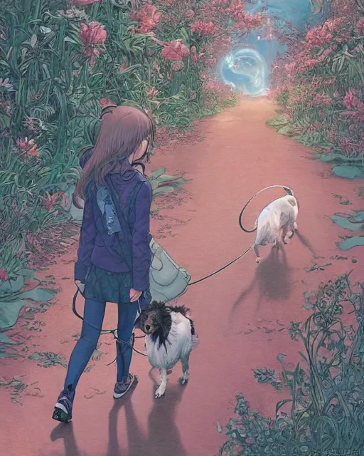 Image similar to a girl walking her small dog at the park, full shot, facing forward, ambient lighting, detailed, art by ayami kojima, makoto shinkai, kilian eng