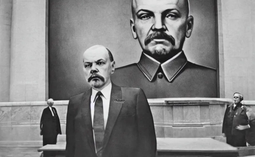 Prompt: 60s movie still of a stalinist style parlement with a giant portrait of Vladimir Lenin, by Irving Penn , cinestill 800t 35mm eastmancolor, heavy grainy picture, very detailed, high quality, 4k, HD criterion, precise texture