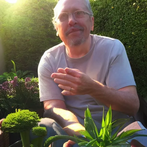 Image similar to My dad is smoking weed and have good time being gracefully relaxed in the garden, sunset lighting