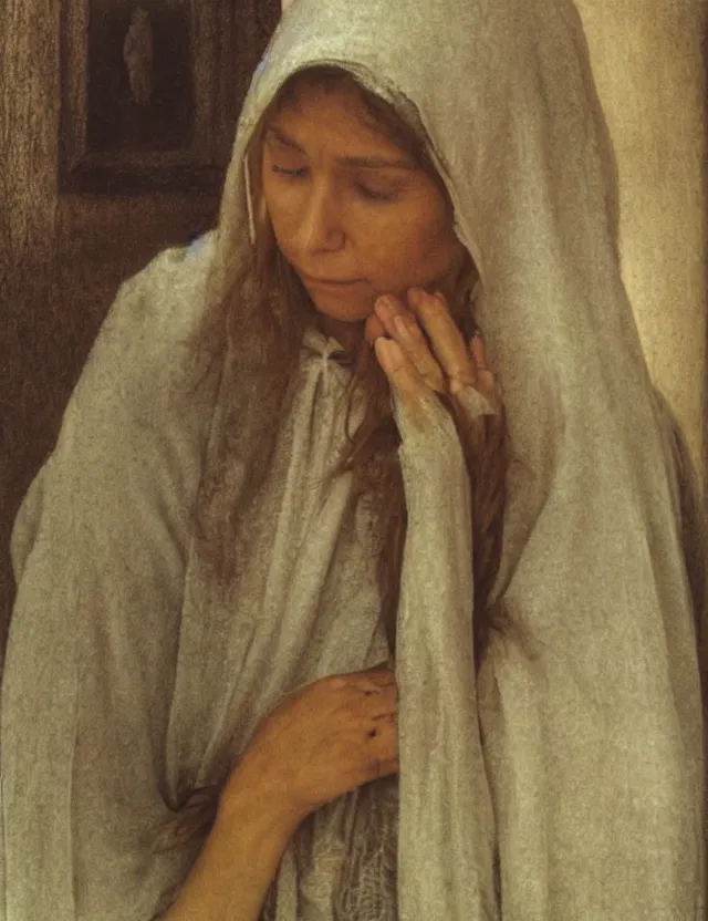 Image similar to peasant woman praying in a curch, polaroid photo bleached vintage pastel colors high - key lighting, soft lights, foggy, by steve hanks, by lisa yuskavage, by serov valentin, by tarkovsky, detailed, oil on canvas