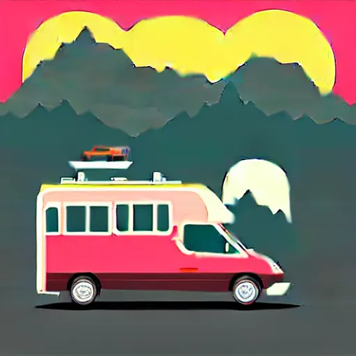 Prompt: vector art of a white and black cute thor chateau! motorhome camper!!, highway, mountains and colorful sunset!!, very very happy, warm, minimal vector art sticker!! by tom whalen, sanja stikovic