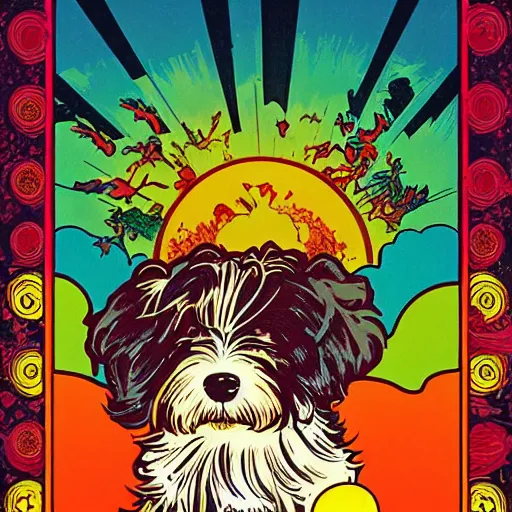 Image similar to havanese dog, sunset illustration, pop art, splash painting, art by geof darrow, ashley wood, alphonse mucha
