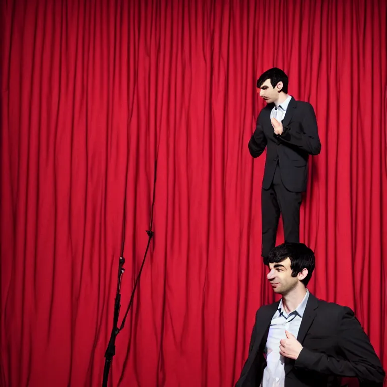 Prompt: focused dslr close - up photograph of single nathan fielder from nathan for you on comedy central on a stage with a red curtain, portrait, in front of hundreds of fielder clones, meta, fractal, trippy, high detail!!! 8 k!!!!, photorealism!!!, sharp focus!!! coherent!!!