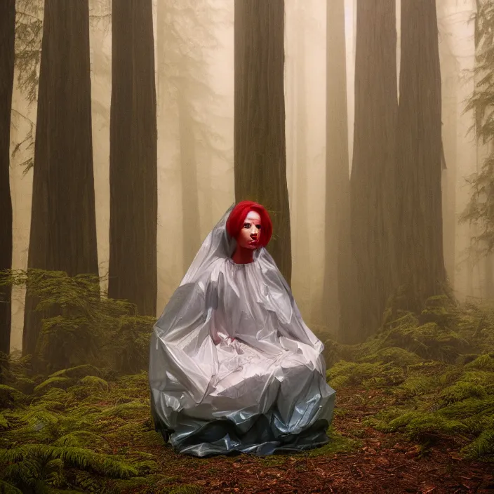 Image similar to a color photograph, closeup portrait of a woman wrapped in plastic, sitting in a plastic throne, in a foggy redwood forest, color photograph, by vincent desiderio, canon eos c 3 0 0, ƒ 1. 8, 3 5 mm, 8 k, medium - format print