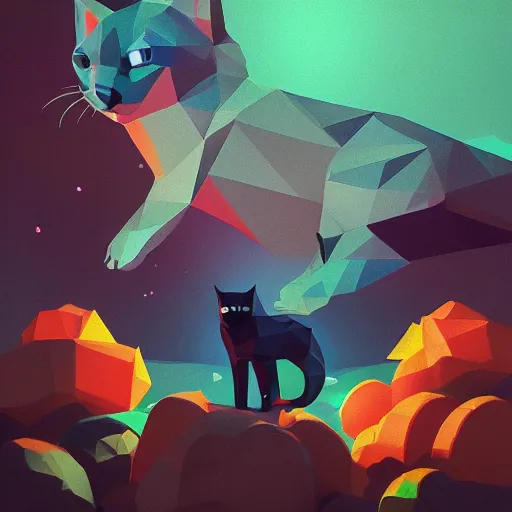 Prompt: low poly cat by beeple, artstation, teal and orange color scheme, flowers, No Man's sky anton fadeev asher brown durand 8k resolution, beautiful at night, zodiac signs in the stars