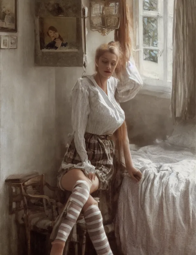 Image similar to Aristocrat girl in the cottage in the morning in a Pajama, country style, portrait, Cinematic focus, Polaroid photo, vintage, neutral colors, soft lights, foggy, by Steve Hanks, by Serov Valentin, by lisa yuskavage, by Andrei Tarkovsky 8k render, detailed, oil on canvas