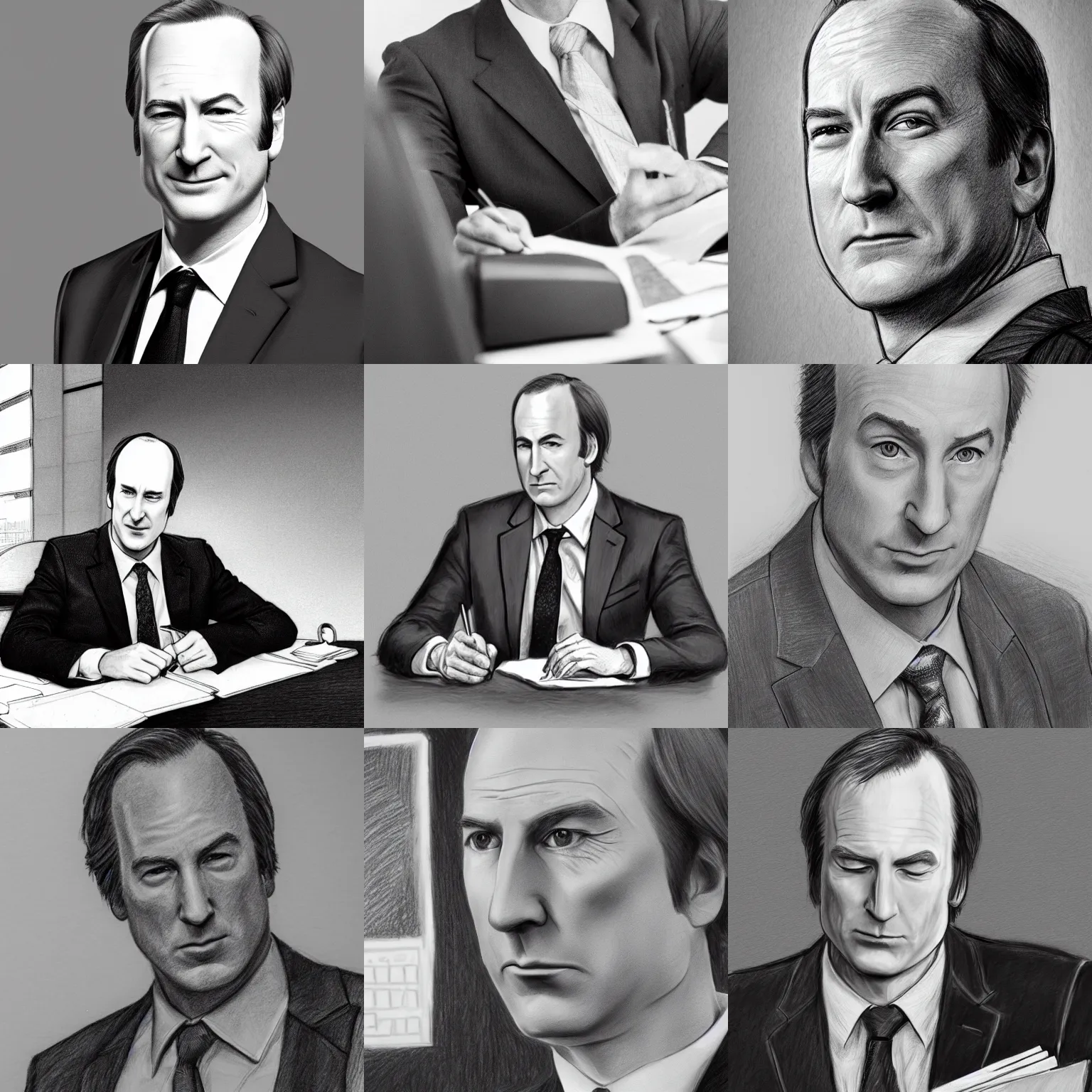 Prompt: detailed pencil sketch of bob odenkirk in a suit at a desk, closeup