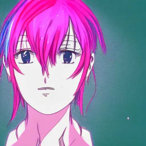 Image similar to pink haired woman in the anime style crossing her arms across her chest, motion blur, holography,