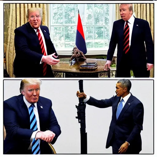 Image similar to putin, trump, obama and bush are having a laser sword fight and smiling