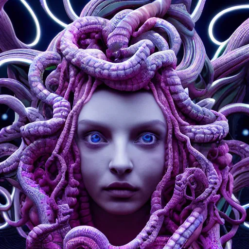 Image similar to beautiful medusa gorgon, cosmic horror, abstract, ghostly, arcade, duotone, poltergeist, epic lighting, intricate, elegant, highly detailed, smooth, sharp focus, photo real, ultra realistic, unreal engine 5, raytracing, in the style of beeple and mike winkelmann, ultraviolet colors,