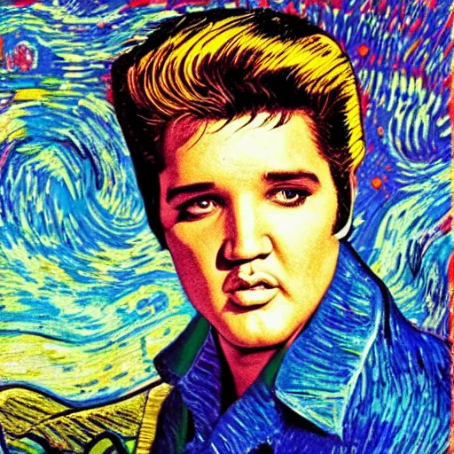 Image similar to an artistic portrait of elvis presley, dreamlike, romantic, high quality, studio photography, colorful, hero, heroic, beautiful, in the style of vincent van gogh