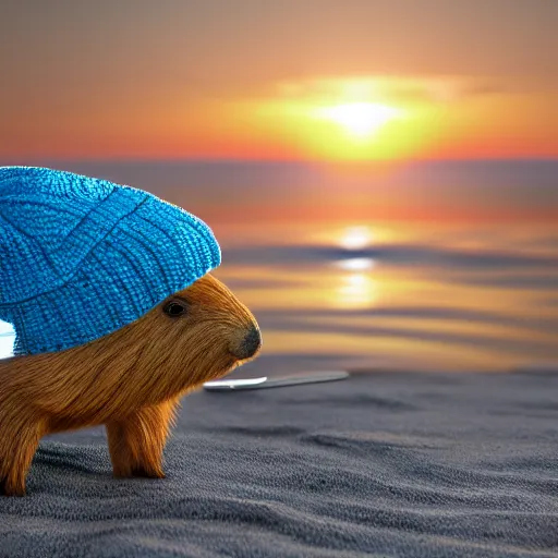 Prompt: a photorealistic photograph of a knitted cute Capybara dressed in sunglasses and a blue beanie cap. The subject is sipping a refreshing Mai Tai cocktail drink at the beach during sunset. The image is Trending on Artstation, featured on Behance, well-rendered, extra crisp image, intricate detail, Unreal Engine, 4K HD
