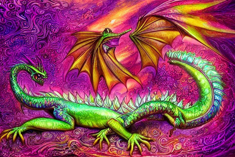 Prompt: full body digital illustration of a cute iridescent magenta baby dragon by Josephine Wall, concept art, matte background, deviantArt, artstation