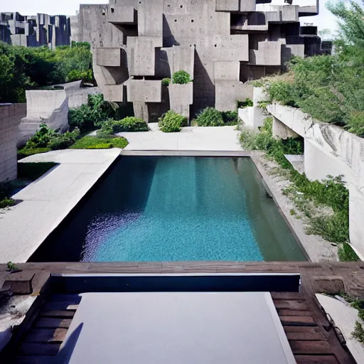 Image similar to brutalism habitat 6 7 building in the desert, biophilia mood, pool, garden, highly detailed, cinematic, photorealistic,