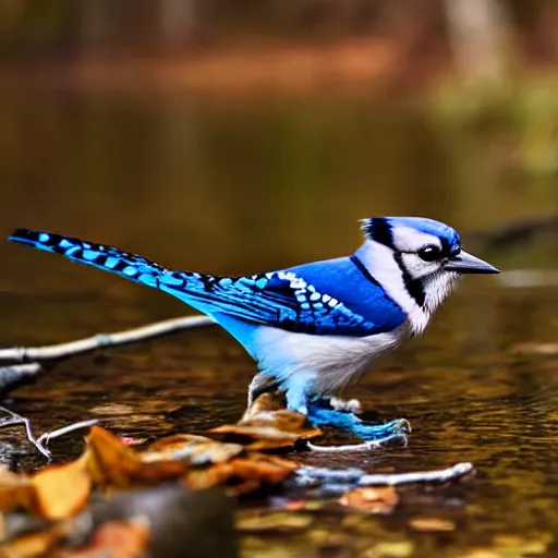 Image similar to bluejay standing next to a river in a forest in autumn