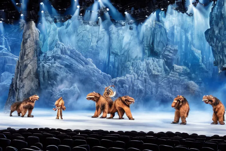 Prompt: photo of a huge theaterstage, play is ice age, 3 actors on stage, 8 k, multicolored, exaggerated detailed, long shot