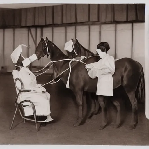 Prompt: horses dressed as nurses performing an operation