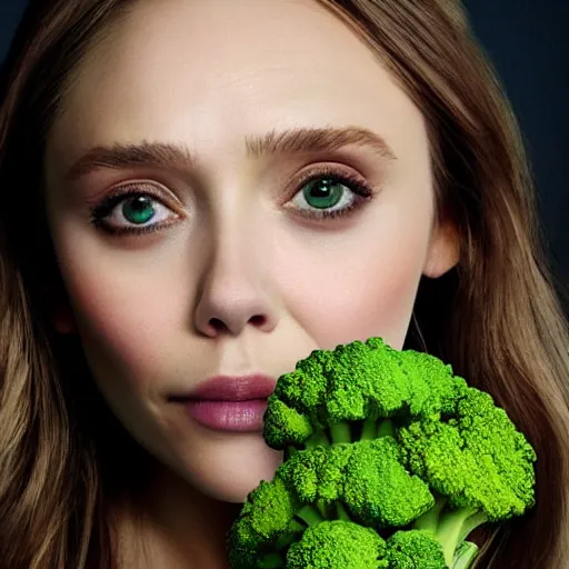 Prompt: elizabeth olsen with a [ face!!! made of broccoli ]!!, trending on cgsociety, 4 k quality, intricate