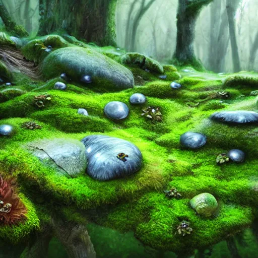 Prompt: moss landscape, lush, mushrooms, stones, ancient forest, intricate, hyper detailed, artstation, concept art, smooth, sharp focus, ray tracing, vibrant, photorealistic