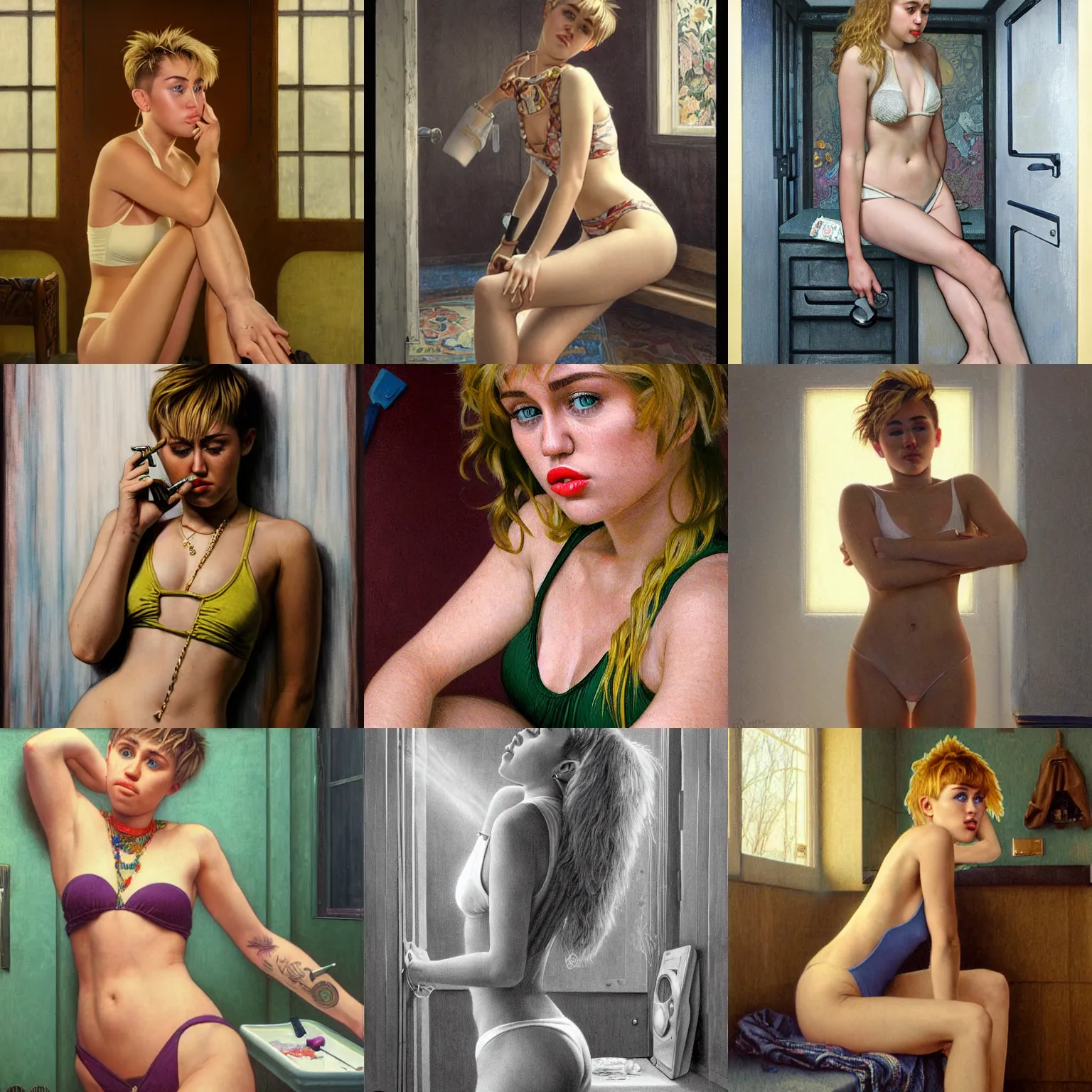 Prompt: portrait of 2 0 years old miley cyrus in swimsuit smoking weed in a laundry room, intricate, hyperdetailed, photorealistic, diffuse lighting, hdrp, artstation, unreal 5, smooth, textless, sharp focus, art by john collier, albert aublet, krenz cushart, artem demura, alphonse mucha