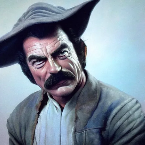 Image similar to ultra realistic portrait painting of tom selleck as yoda, art by frank frazetta, 4 k, ultra realistic, highly detailed, epic lighting