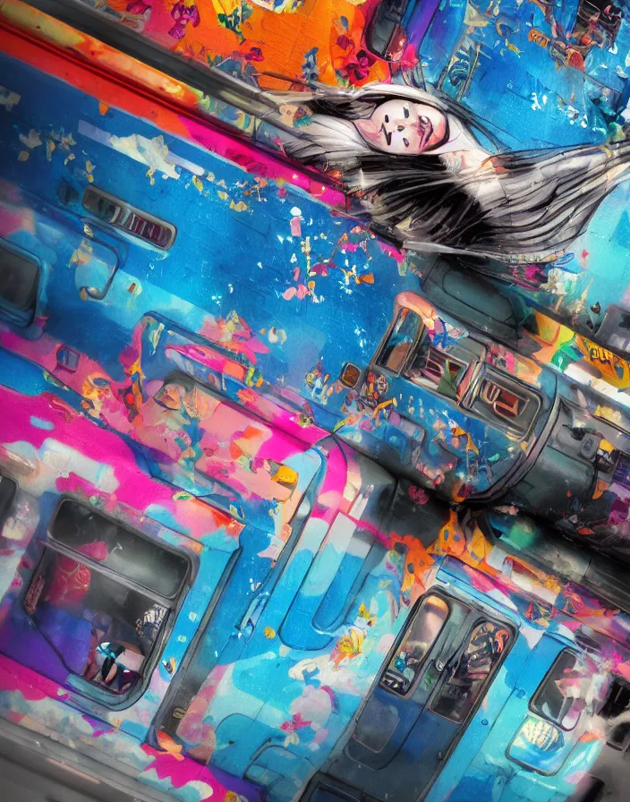 Image similar to semi semi realistic digital painting!! beautiful geisha flying over a colorful subway train yard, grunge, graffiti, tags, dramatic, xray melting colors!!, long lens, shallow depth of field, bokeh, anamorphic lens flare, 8 k, hyper detailed, 3 5 mm film grain