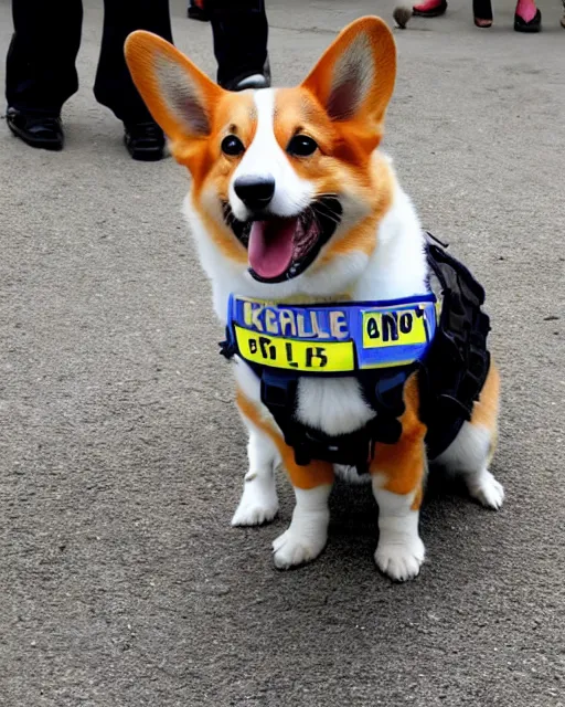 Image similar to a corgi police dogs wearing tactical k 9 gear, crowd control. riots