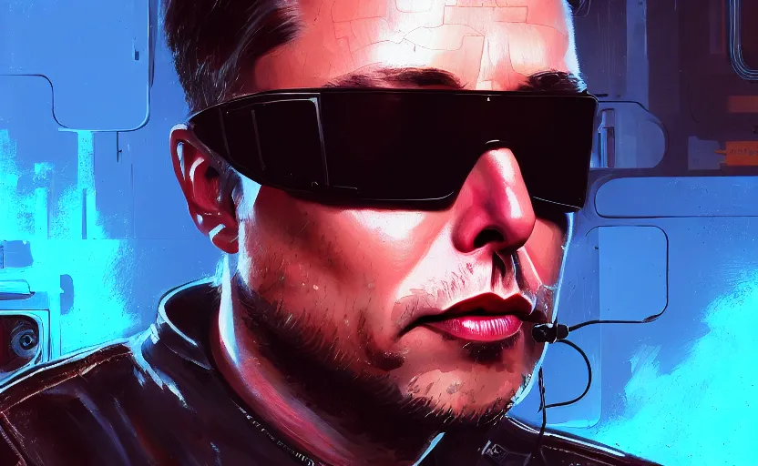 Image similar to closeup painting of elon musk, cyberpunk, wearing light blue shutter shades and a dark brown leather jacket, portrait, hyperdetailed, artstation, cgsociety, 8 k, synthwave by tangerine dream