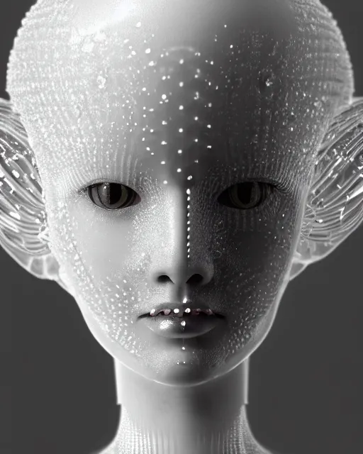 Image similar to mythical dreamy black and white organic translucent bio-mechanical spinal ribbed profile face portrait detail of mechanical beautiful female angelic-snowy-human-doll, highly detailed, intricate crystal jelly steampunk ornate, poetic, 3D render, digital art, octane render, 8K artistic photography, photo-realistic, by Dora Maar