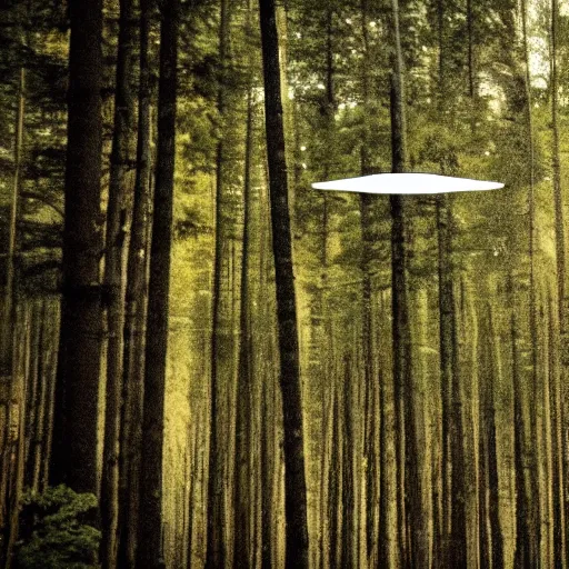 Image similar to grainy photograph of a bottle-shaped UFO flying above a forest