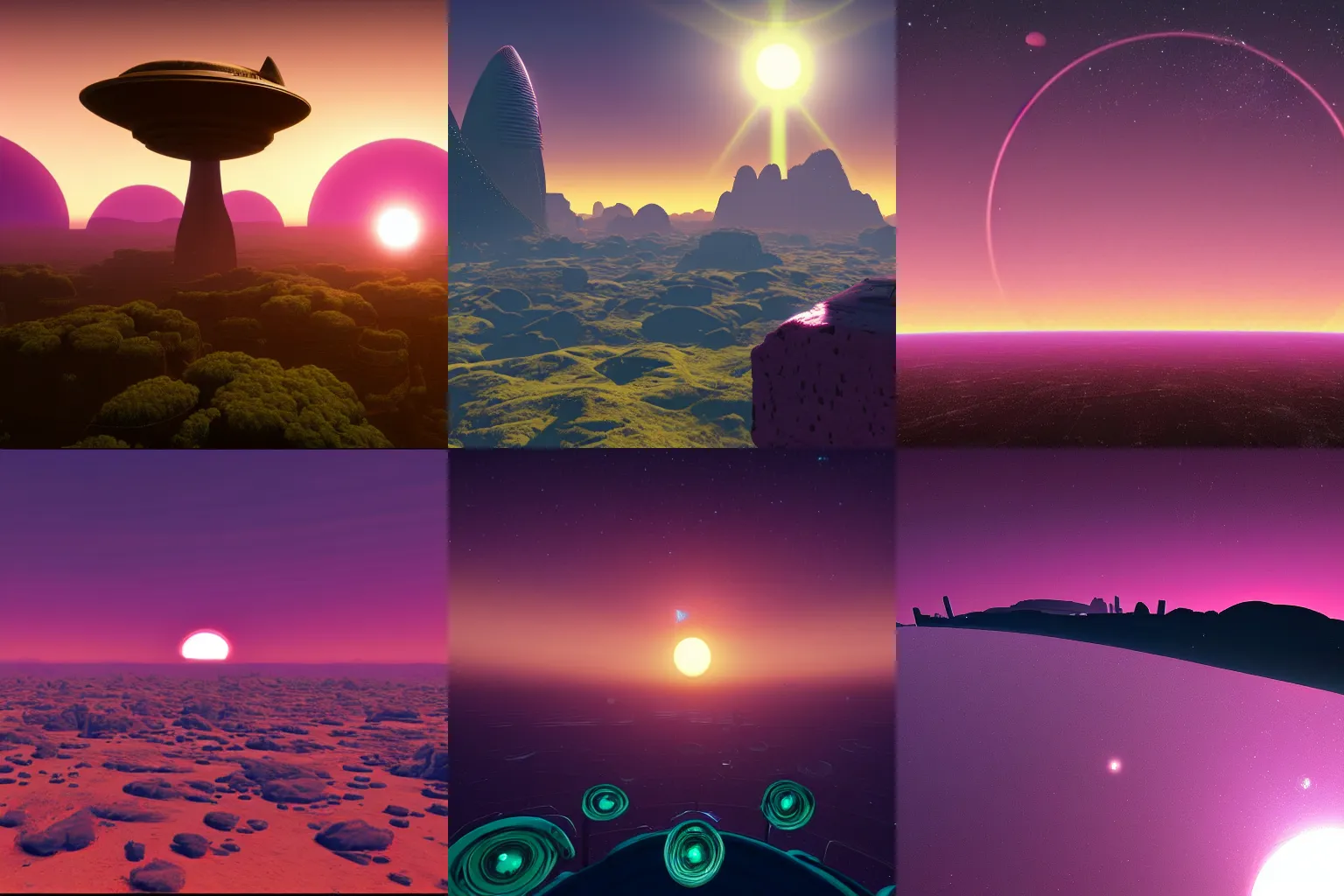 Prompt: Vast, alien city on a lush purple world. Three suns setting on the horizon. Style of No Man's Sky.