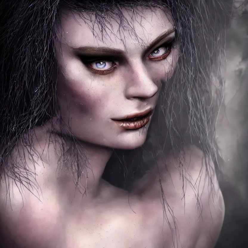 Image similar to single faced portrait of enchanting femenine witch, hyper attractive, seductive, very complex, hyper - maximalist, overdetailed, legendary cinematic, darkfantasy, archetype with timeless beauty breathtaking eyes, highly intricate, realism, perspicious detail, silent hill aesthetic, photorealistic, lifelike, dslr 8 k, unbeatable coherency, octane render